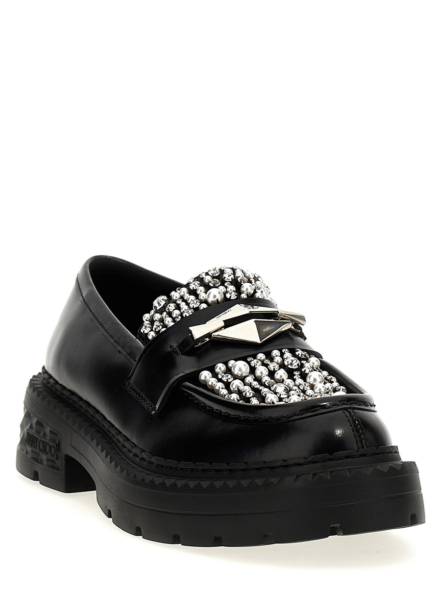 Jimmy Choo Marlow Diamond Loafers Luxurious Black Leather With Pearl And Rhinestone Accents For Women
