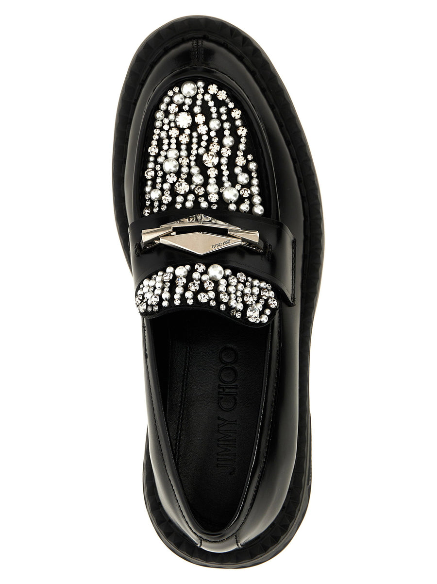 Jimmy Choo Marlow Diamond Loafers Luxurious Black Leather With Pearl And Rhinestone Accents For Women