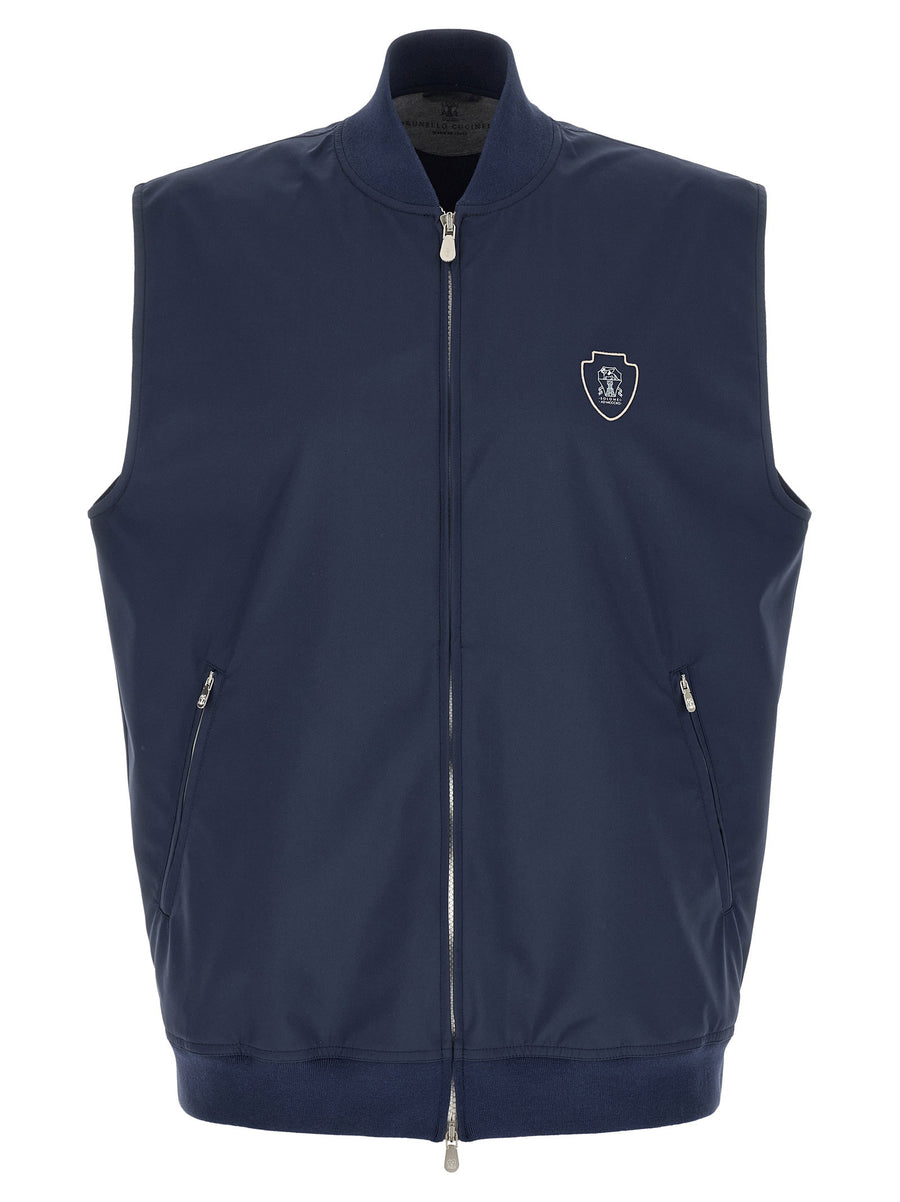 Brunello Cucinelli Blue Logo Nylon Vest Embroidered Front Zip High Neck