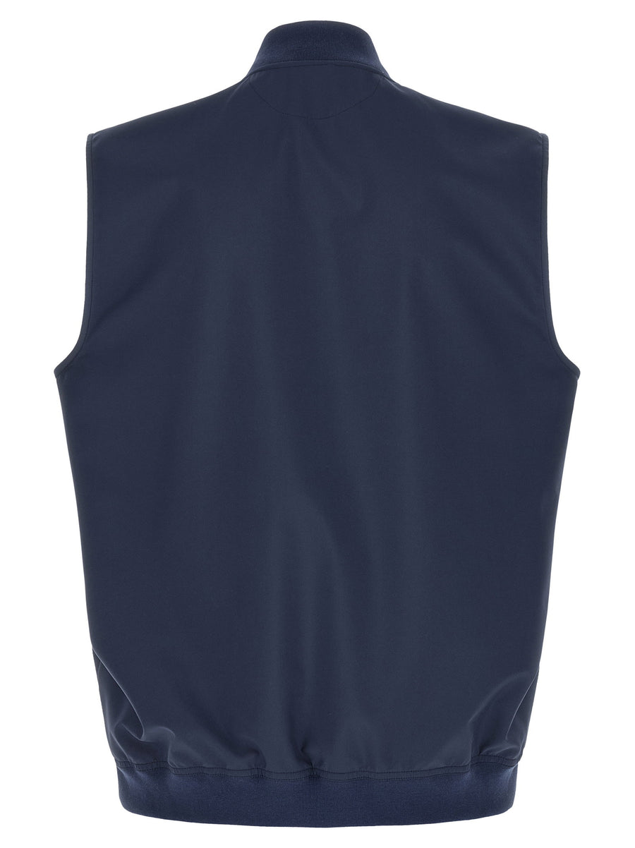 Brunello Cucinelli Blue Logo Nylon Vest Embroidered Front Zip High Neck