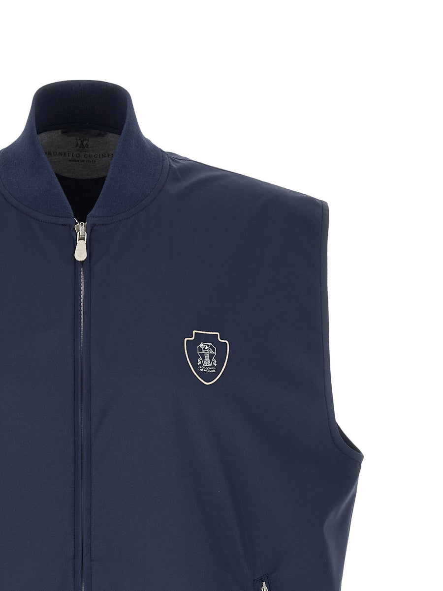 Brunello Cucinelli Blue Logo Nylon Vest Embroidered Front Zip High Neck