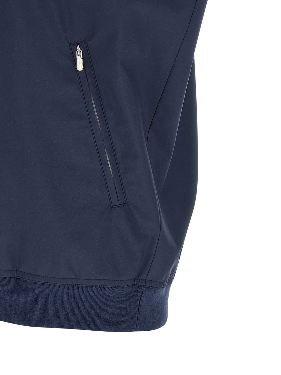 Brunello Cucinelli Blue Logo Nylon Vest Embroidered Front Zip High Neck