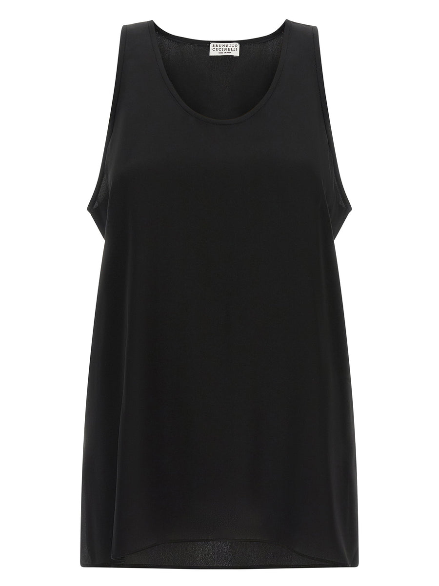 Brunello Cucinelli Monile Silk Top Black Sleeveless With Back Monile Detail