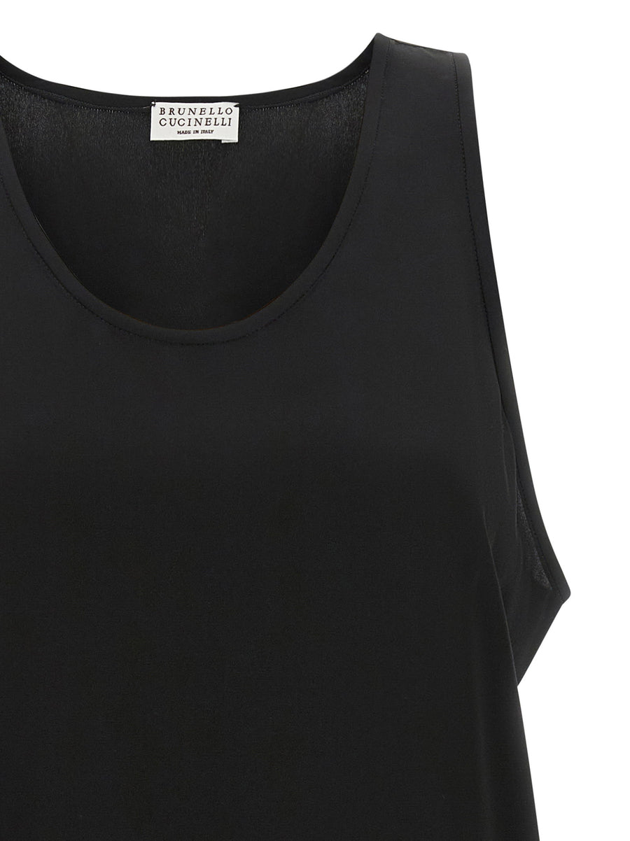 Brunello Cucinelli Monile Silk Top Black Sleeveless With Back Monile Detail
