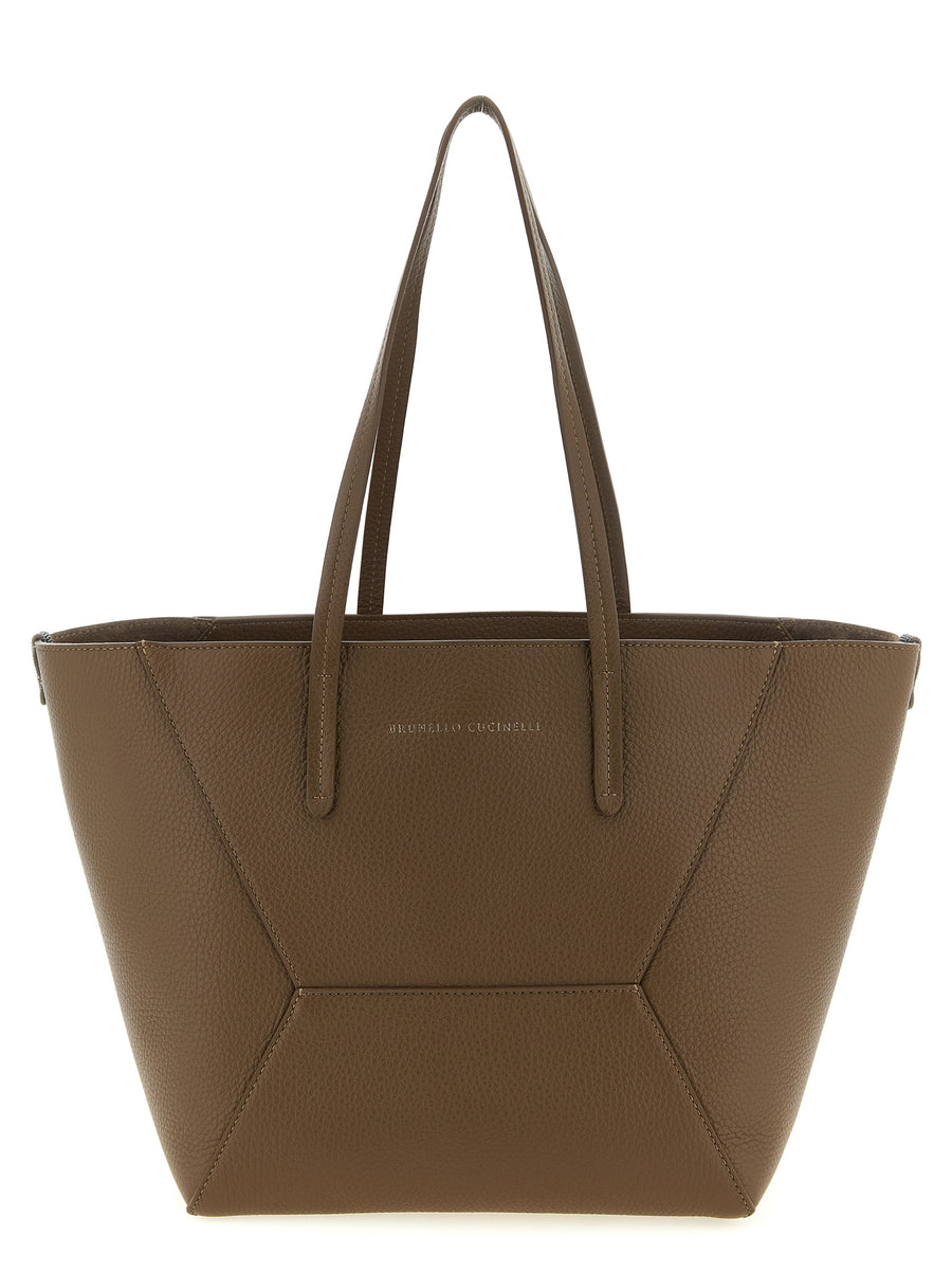 Brunello Cucinelli BC Duo Medium Shoulder Bag Brown Hammered Calf Leather Luxurious Structured Silhouette For Women