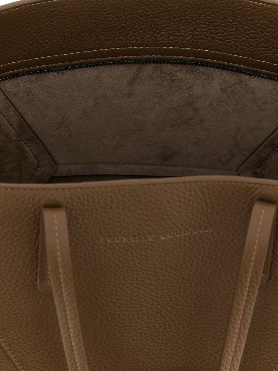 Brunello Cucinelli BC Duo Medium Shoulder Bag Brown Hammered Calf Leather Luxurious Structured Silhouette For Women