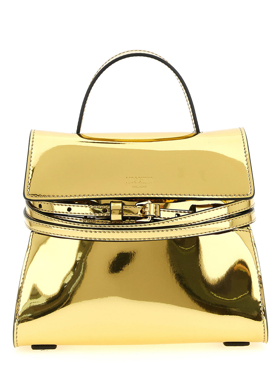 Moschino Tie Me Handbag Gold Mirror Effect For Women Day To Night Luxury Bag With Adjustable Strap Buckle Detail