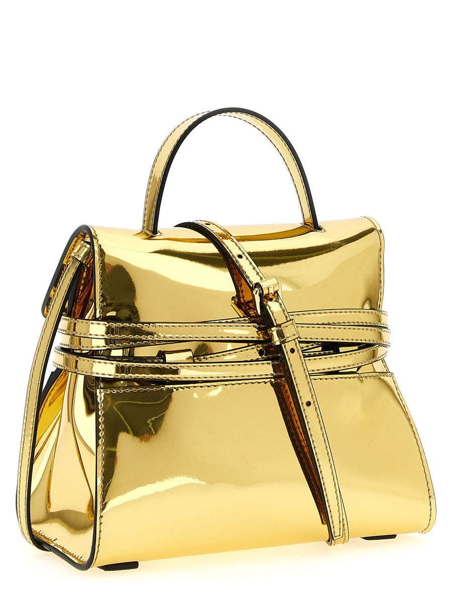 Moschino Tie Me Handbag Gold Mirror Effect For Women Day To Night Luxury Bag With Adjustable Strap Buckle Detail