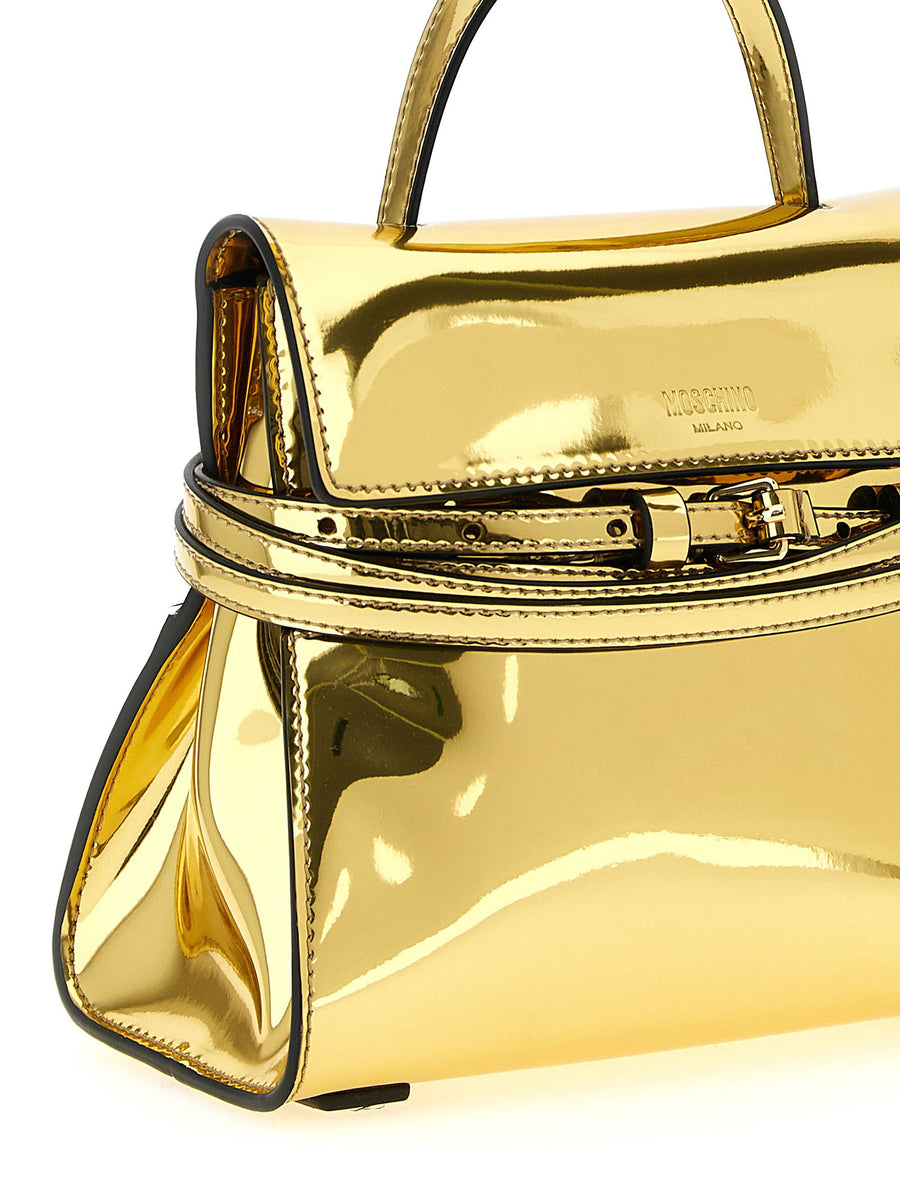 Moschino Tie Me Handbag Gold Mirror Effect For Women Day To Night Luxury Bag With Adjustable Strap Buckle Detail
