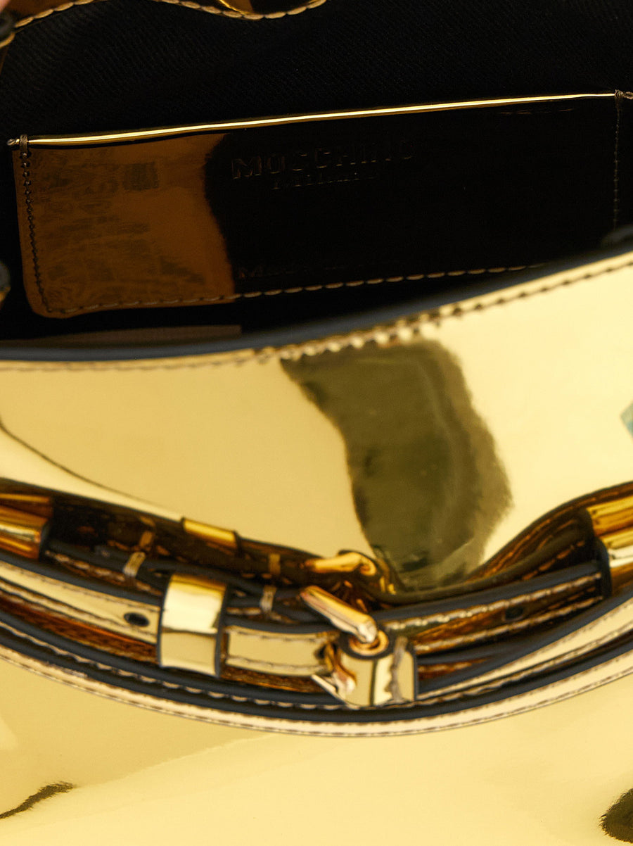 Moschino Tie Me Handbag Gold Mirror Effect For Women Day To Night Luxury Bag With Adjustable Strap Buckle Detail