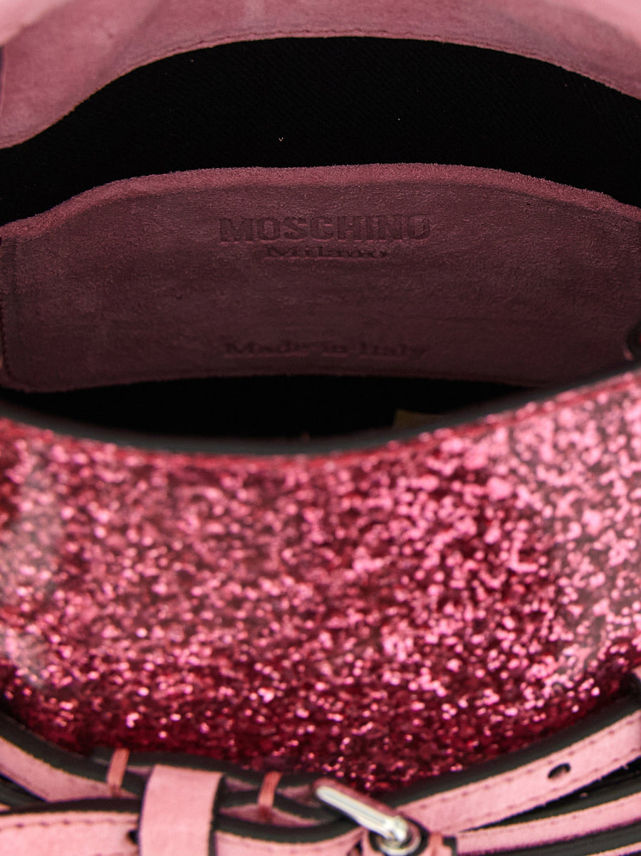 Moschino Tie Me Small Pink Handbag With Glitter Belted Detail