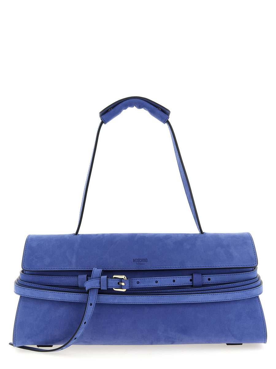 Moschino Tie Me Shoulder Bag Blue Calfskin Leather Adjustable Strap For Women Signature Style