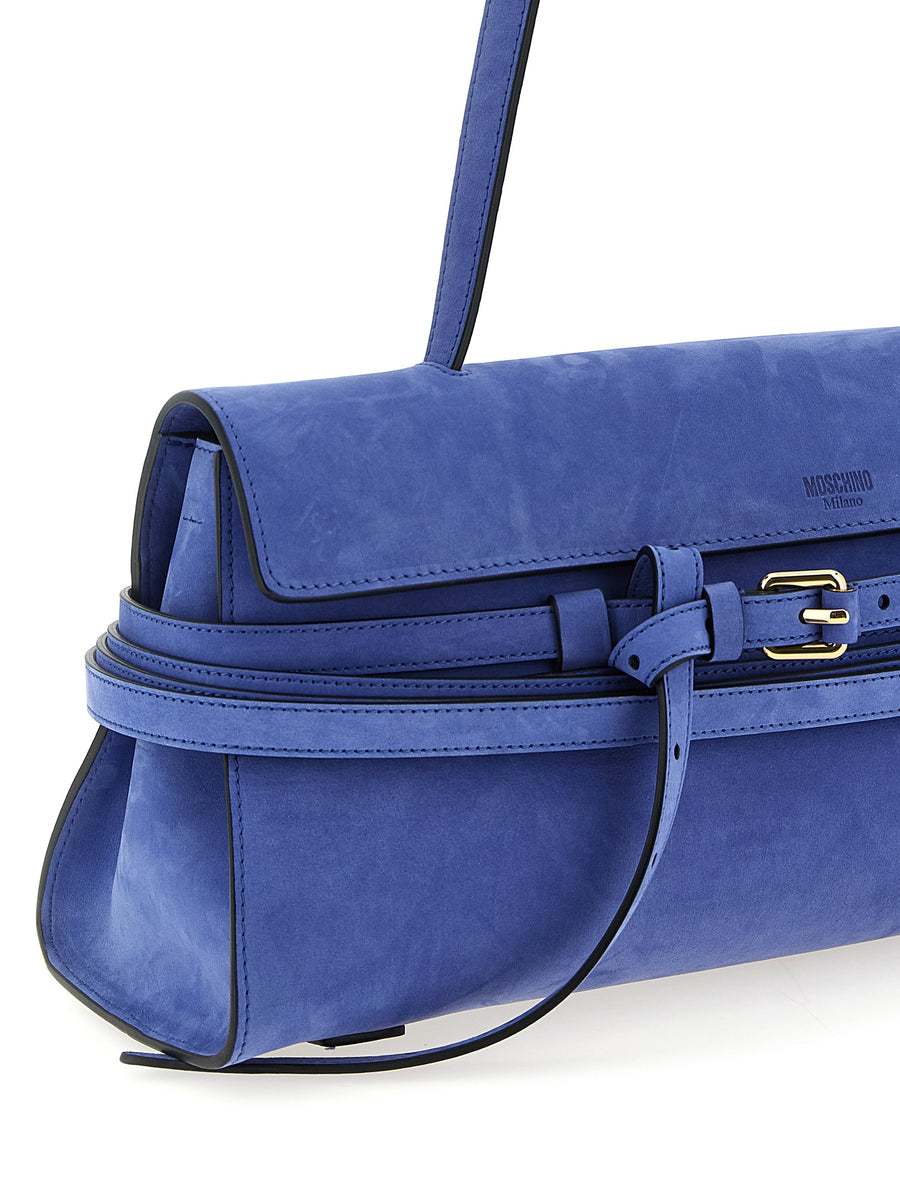 Moschino Tie Me Shoulder Bag Blue Calfskin Leather Adjustable Strap For Women Signature Style