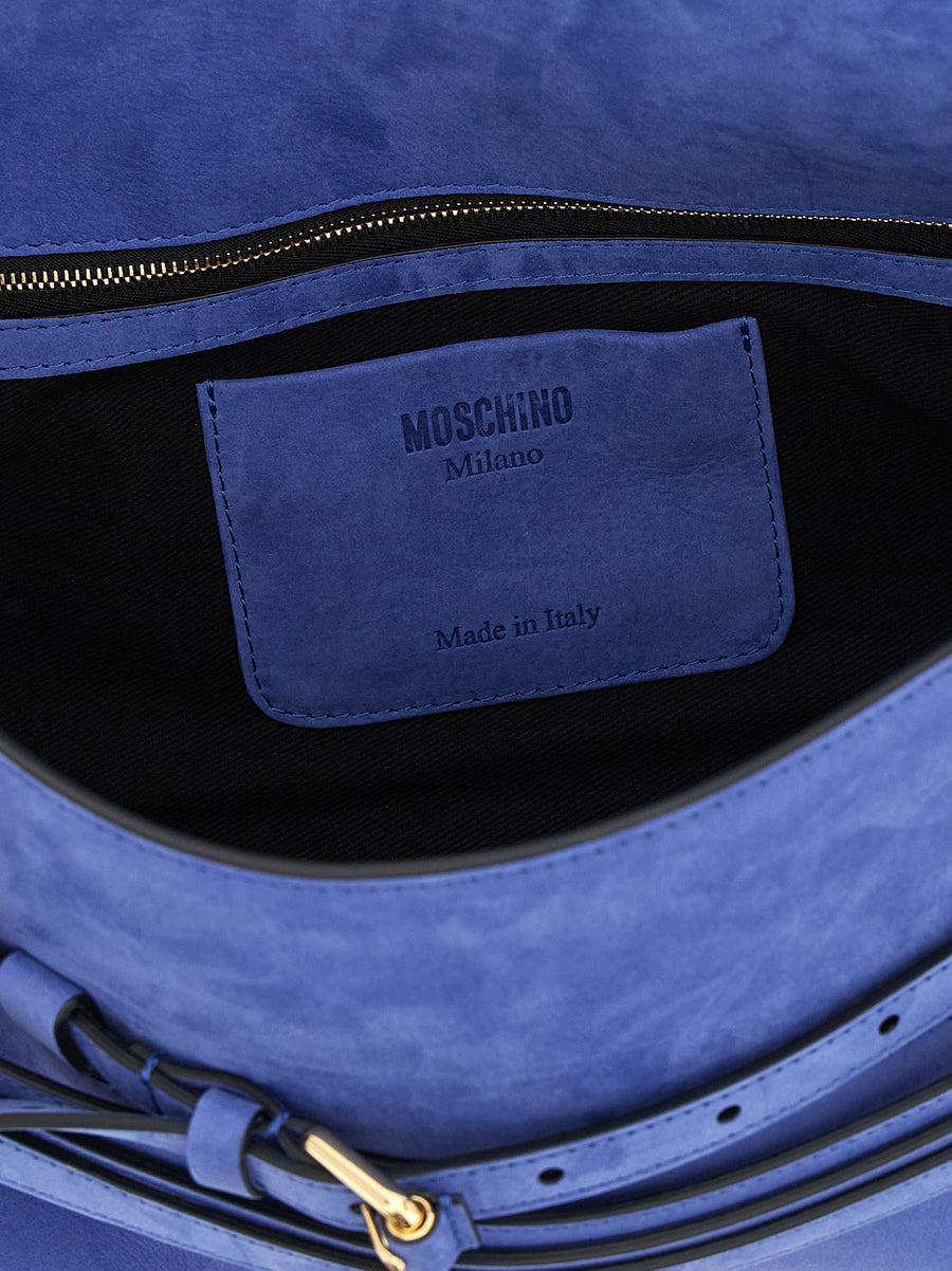 Moschino Tie Me Shoulder Bag Blue Calfskin Leather Adjustable Strap For Women Signature Style