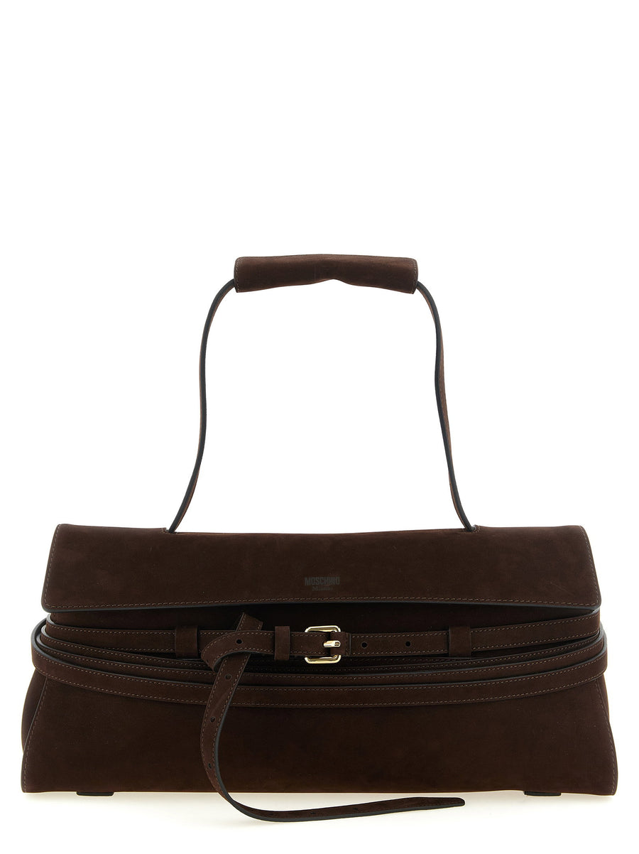 Moschino Tie Me Shoulder Bag Brown Calfskin Leather Gold Buckle