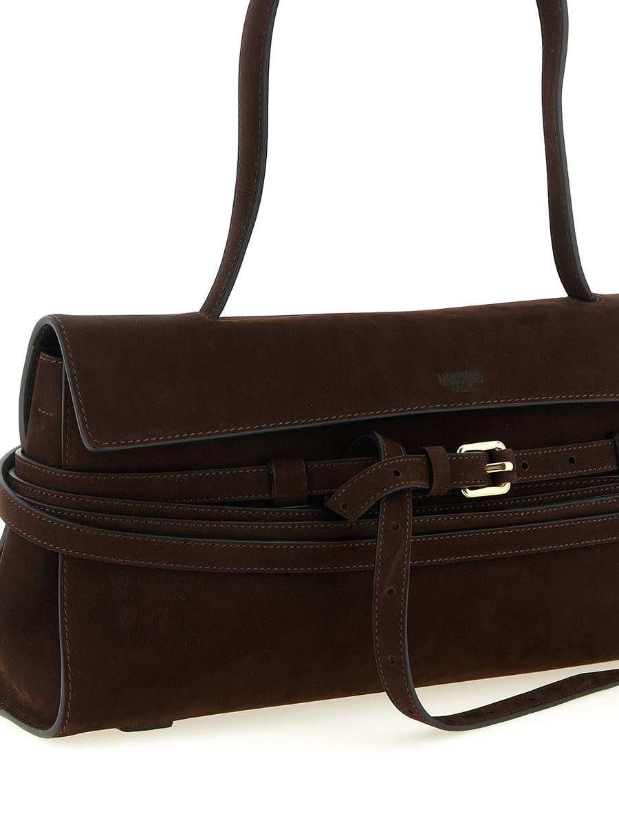 Moschino Tie Me Shoulder Bag Brown Calfskin Leather Gold Buckle