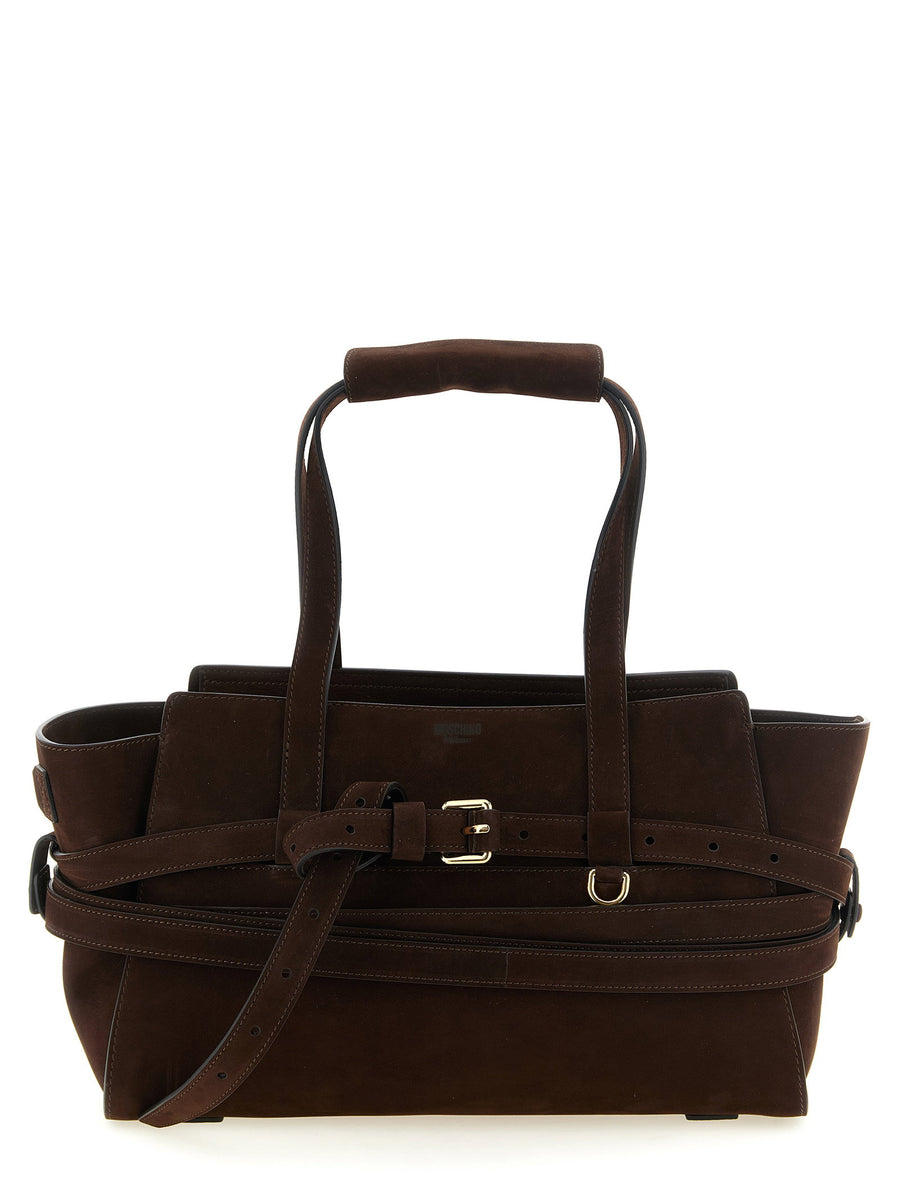 Moschino Tie Me Handbag Brown Calfskin Leather Wraparound Belt Buckle