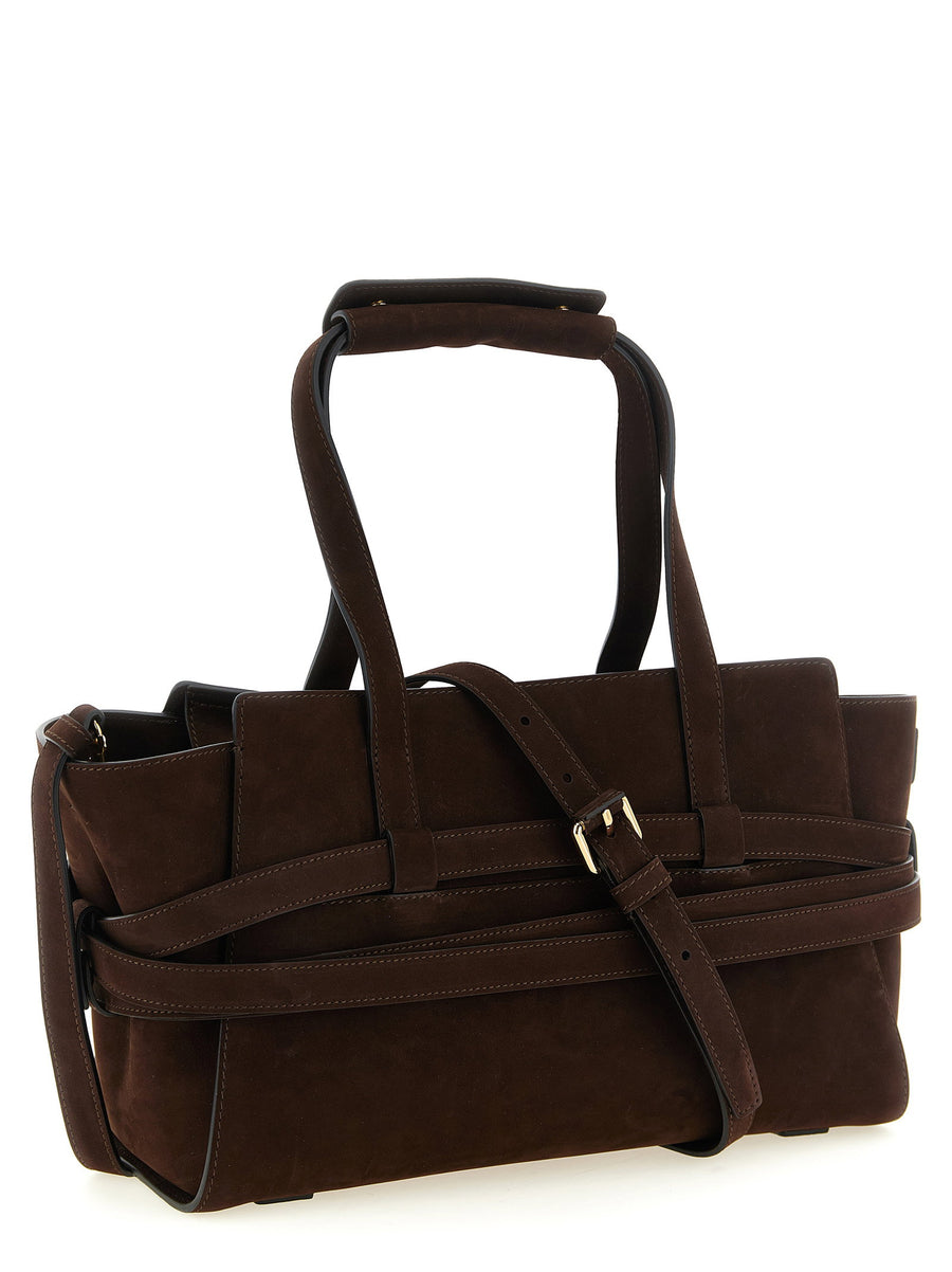 Moschino Tie Me Handbag Brown Calfskin Leather Wraparound Belt Buckle