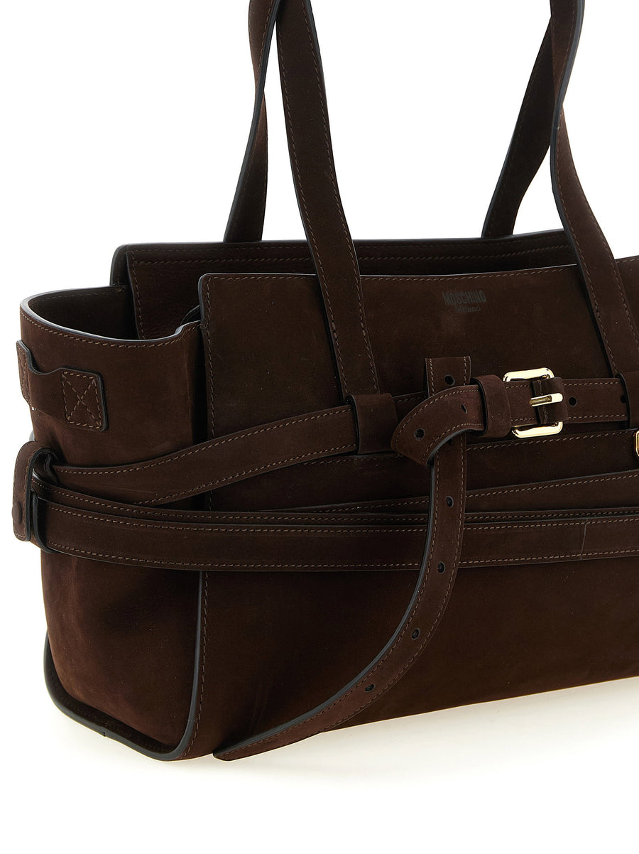 Moschino Tie Me Handbag Brown Calfskin Leather Wraparound Belt Buckle