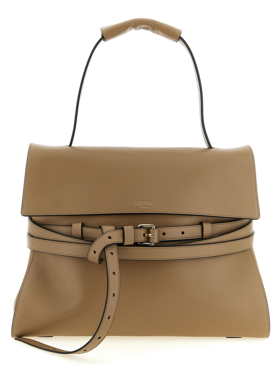 Moschino Tie Me Shoulder Bag Beige Nappa Leather Front Belt Detail Signature Embossed Logo For Women