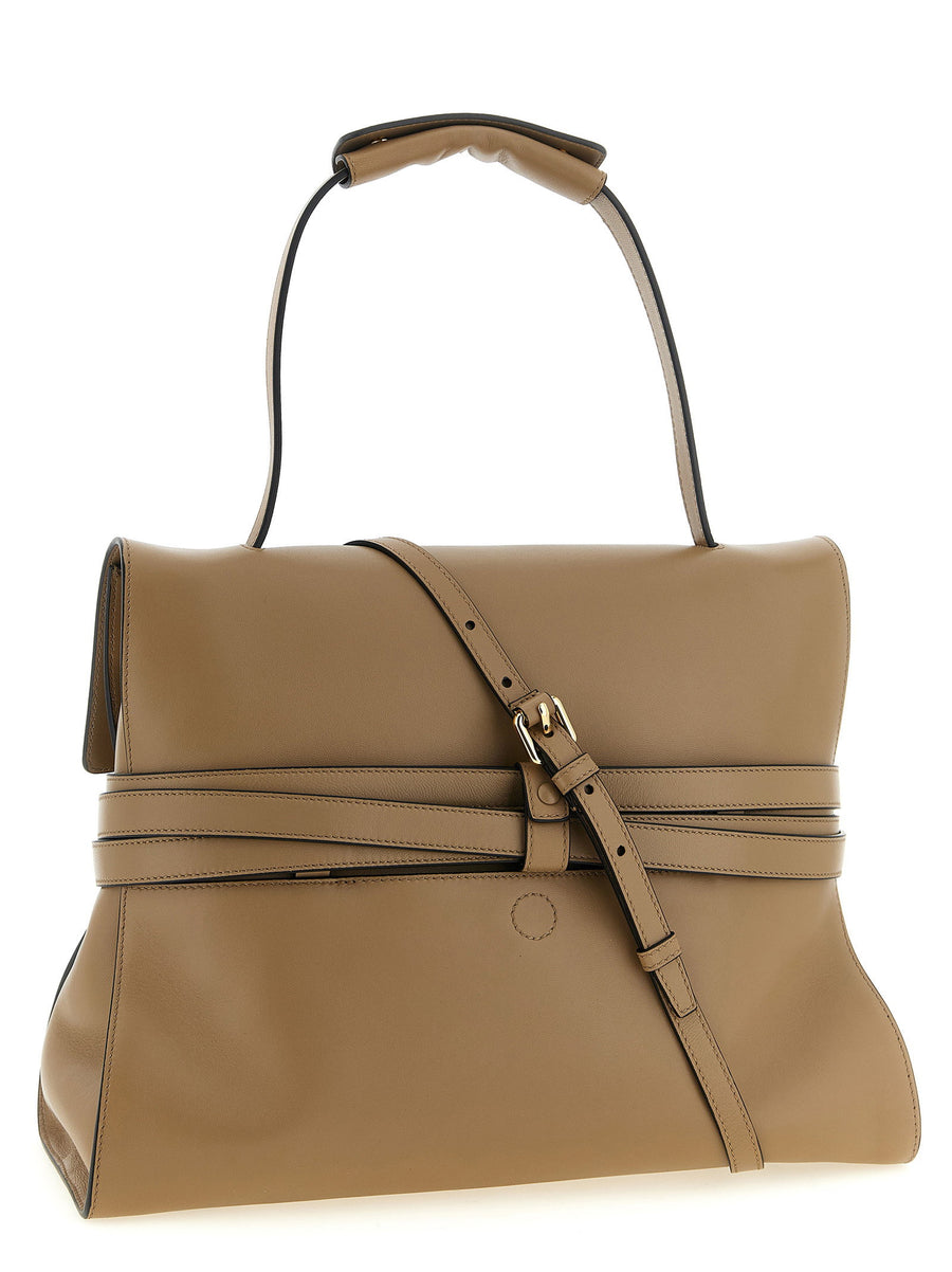 Moschino Tie Me Shoulder Bag Beige Nappa Leather Front Belt Detail Signature Embossed Logo For Women