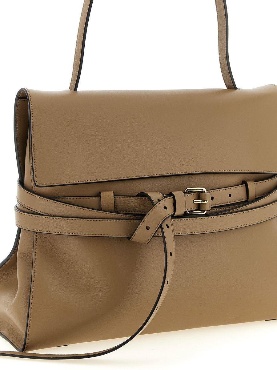 Moschino Tie Me Shoulder Bag Beige Nappa Leather Front Belt Detail Signature Embossed Logo For Women