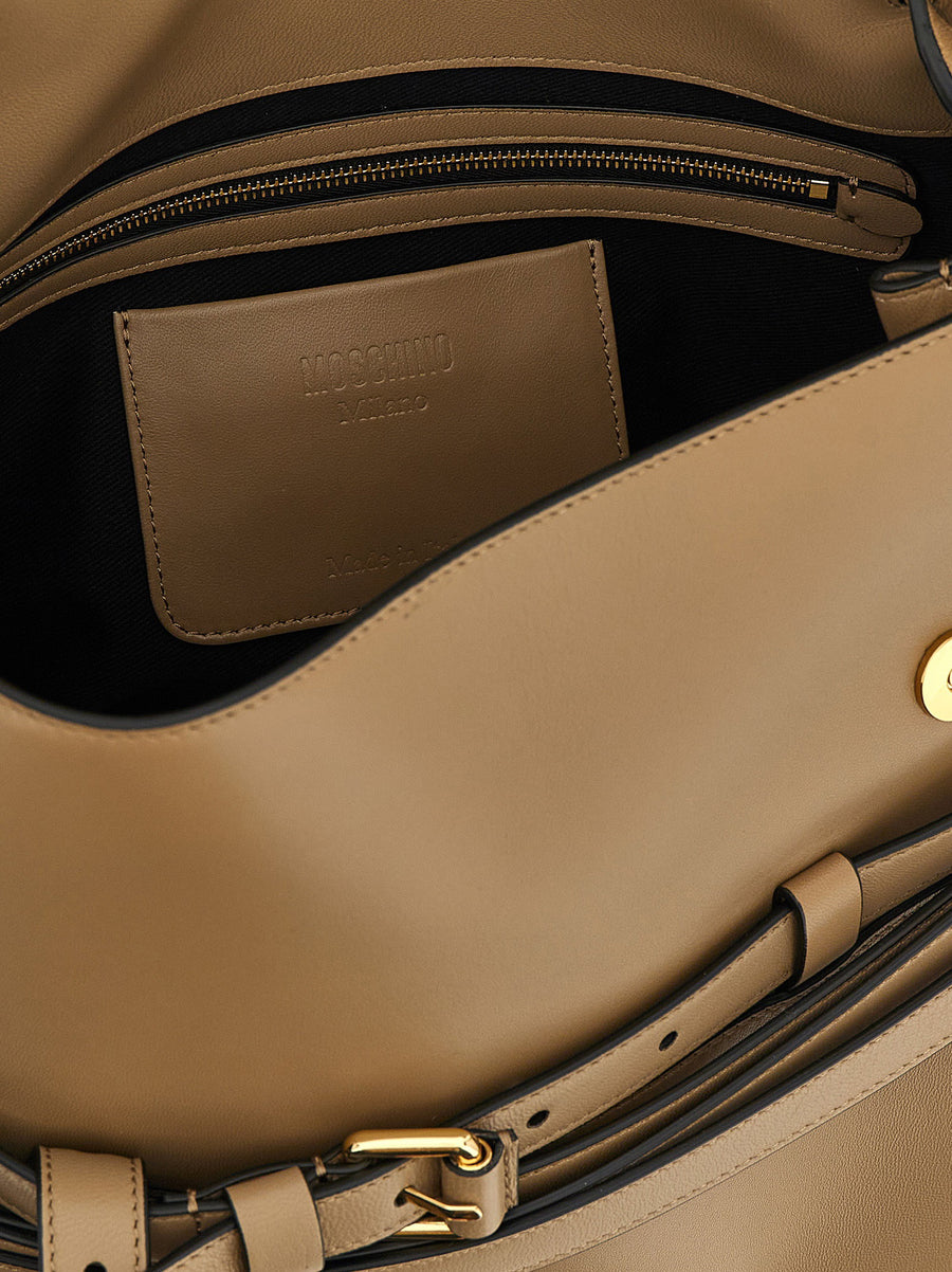 Moschino Tie Me Shoulder Bag Beige Nappa Leather Front Belt Detail Signature Embossed Logo For Women