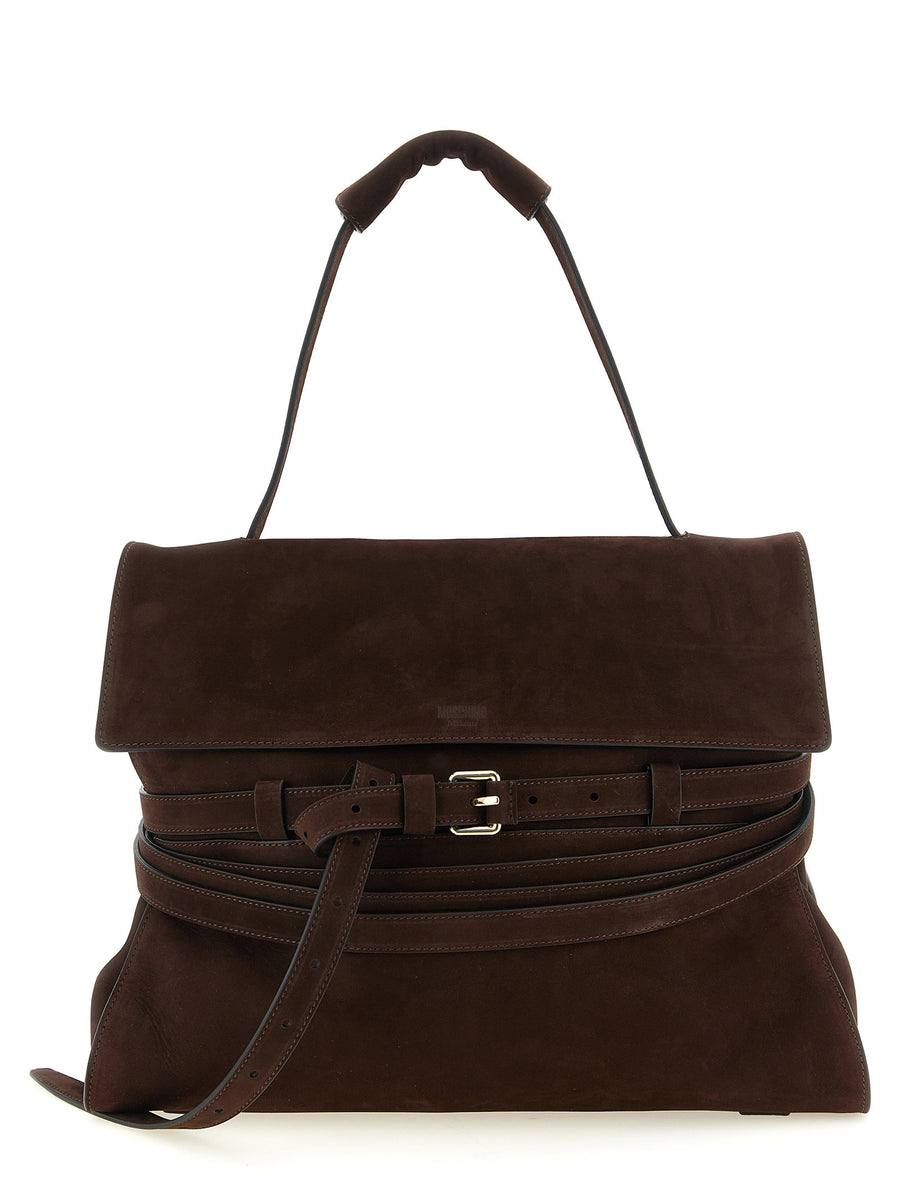 Moschino Tie Me Shoulder Bag Luxury Calfskin Leather Belt Detail Front Embossed Logo For Women One Size
