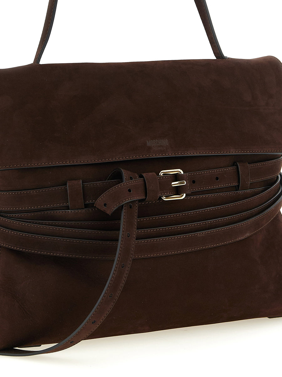 Moschino Tie Me Shoulder Bag Luxury Calfskin Leather Belt Detail Front Embossed Logo For Women One Size