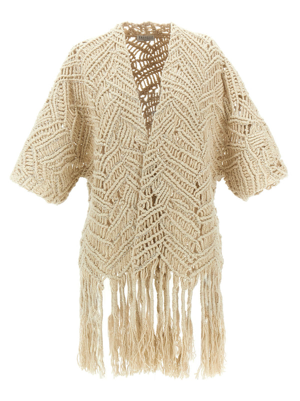 Brunello Cucinelli Macrame Cardigan Silk Linen Beige Ethnic Print For Women Luxurious Craftsmanship