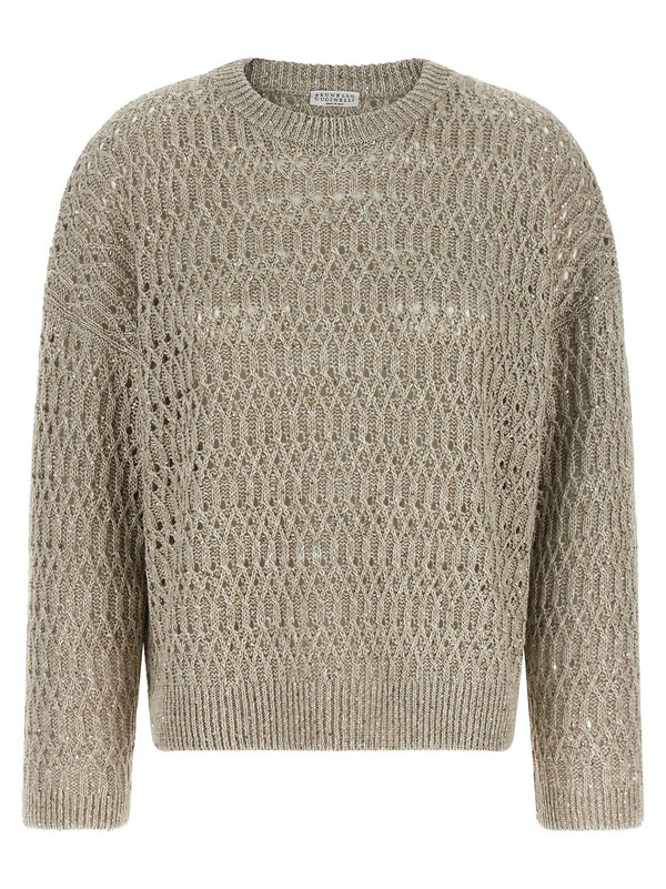 Brunello Cucinelli Dazzling Braids Linen Blend Sweater Beige