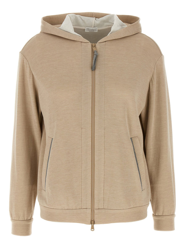 Brunello Cucinelli Precious Zipper Pull Hoodie For Women Luxury Cotton Silk Blend