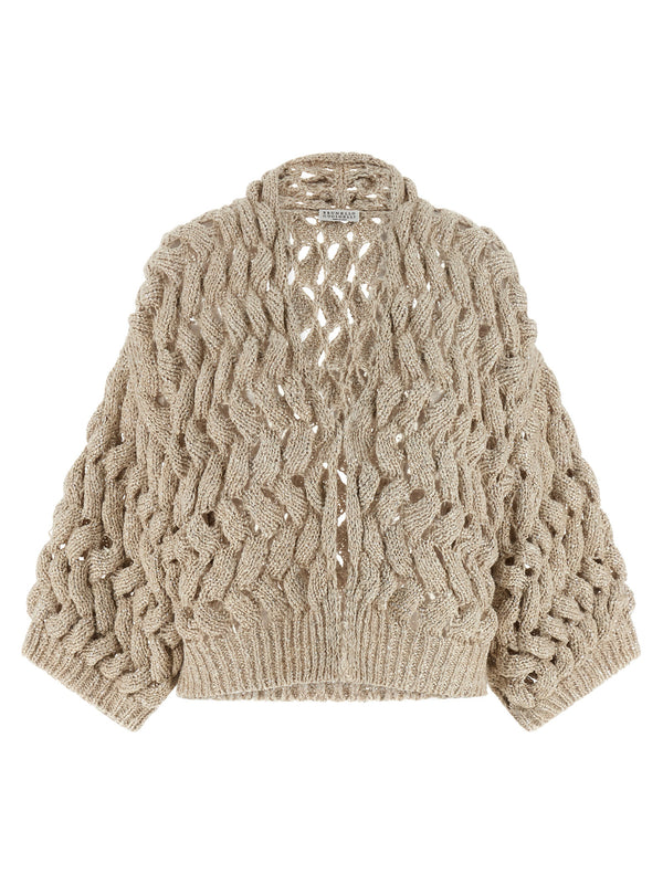 Brunello Cucinelli Dazzling Cable Cardigan Silk Linen Knit for Women Oversized Crop V Neck