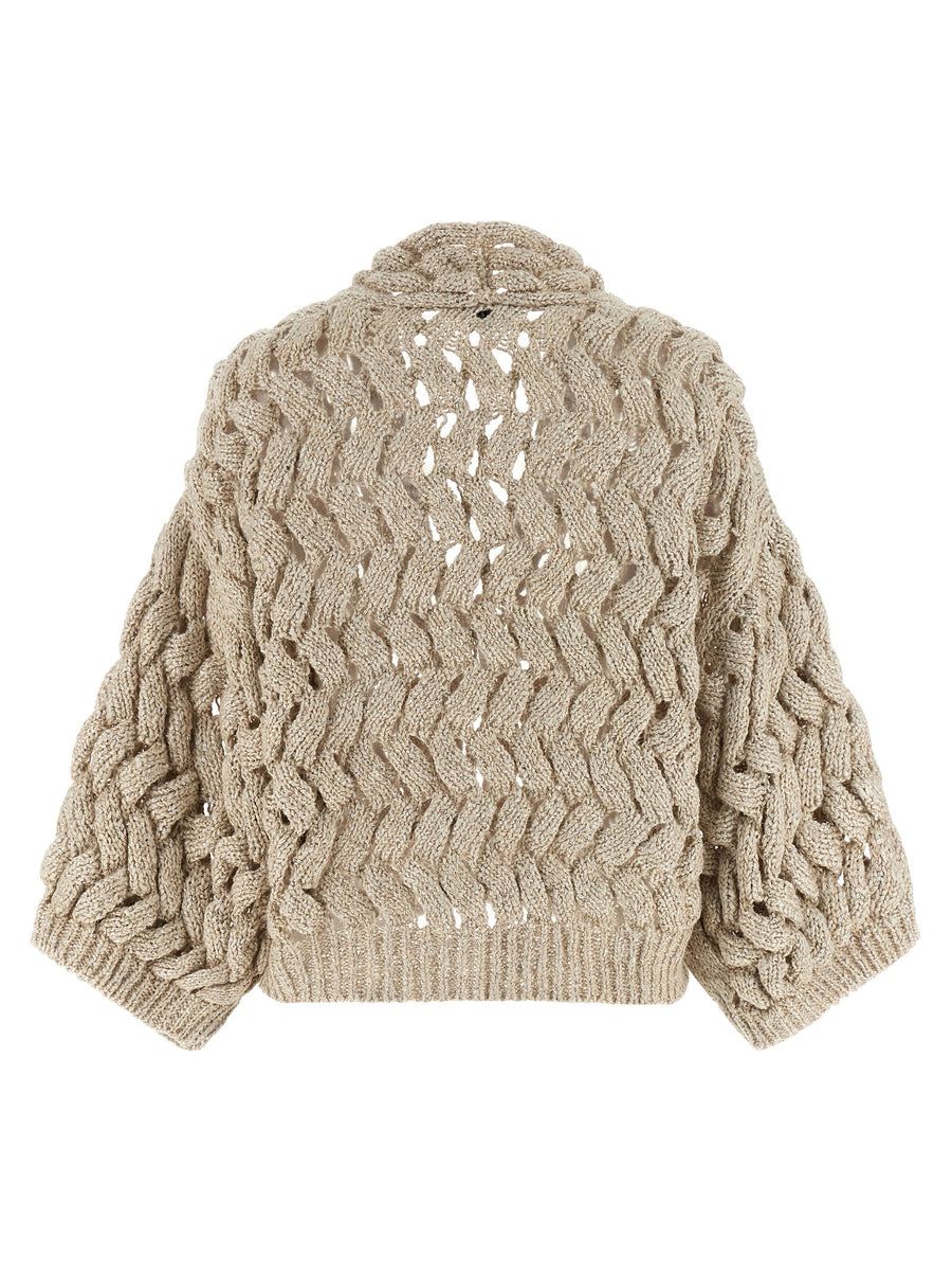 Brunello Cucinelli Dazzling Cable Cardigan Silk Linen Knit for Women Oversized Crop V Neck