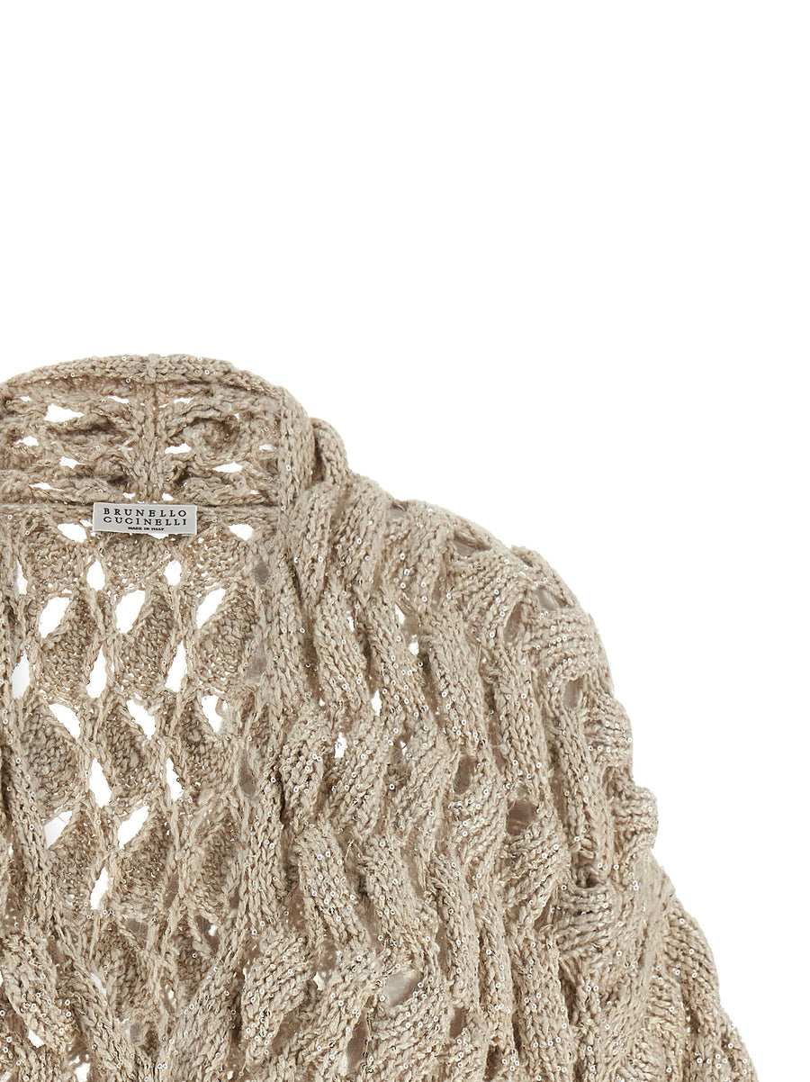 Brunello Cucinelli Dazzling Cable Cardigan Silk Linen Knit for Women Oversized Crop V Neck