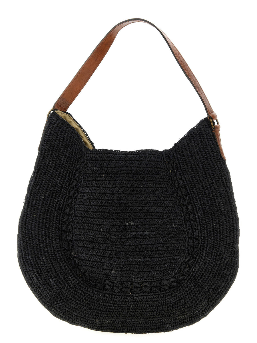 Ibeliv Meva Handcrafted Crochet Raffia Shoulder Bag Women One Size Black Magnetic Closure Inner Pocket