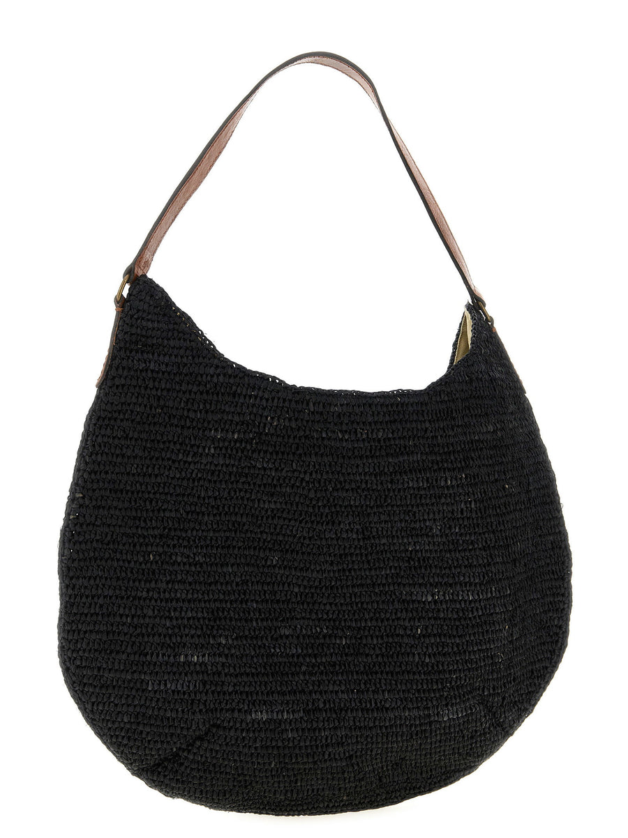 Ibeliv Meva Handcrafted Crochet Raffia Shoulder Bag Women One Size Black Magnetic Closure Inner Pocket