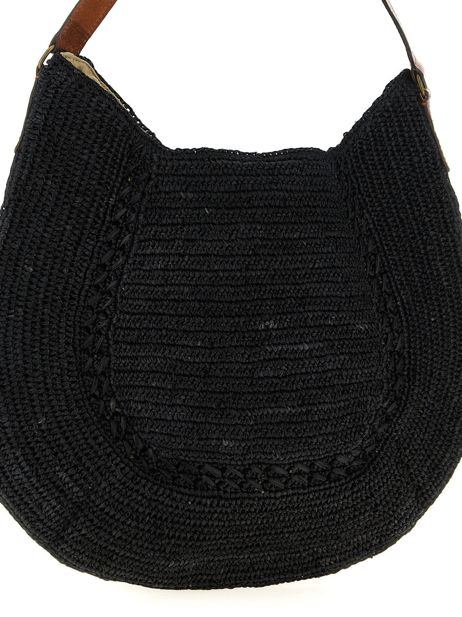 Ibeliv Meva Handcrafted Crochet Raffia Shoulder Bag Women One Size Black Magnetic Closure Inner Pocket