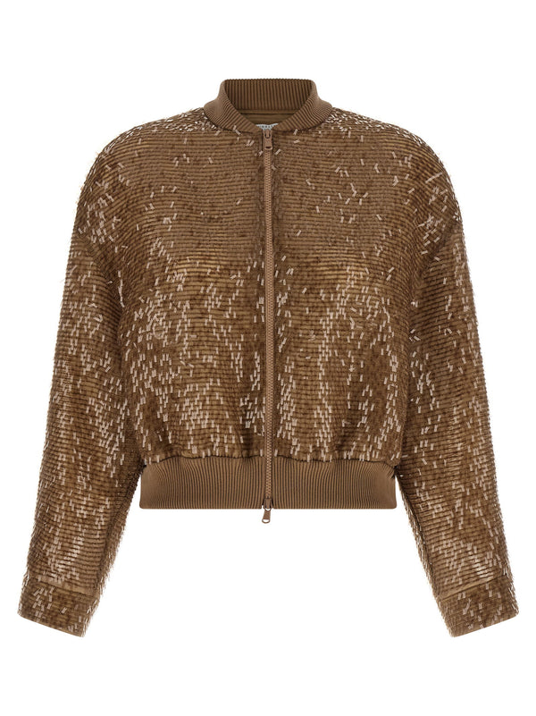 Brunello Cucinelli Silk Zip Cardigan With Allover Sequin Embroidery In Bomber Silhouette For Women