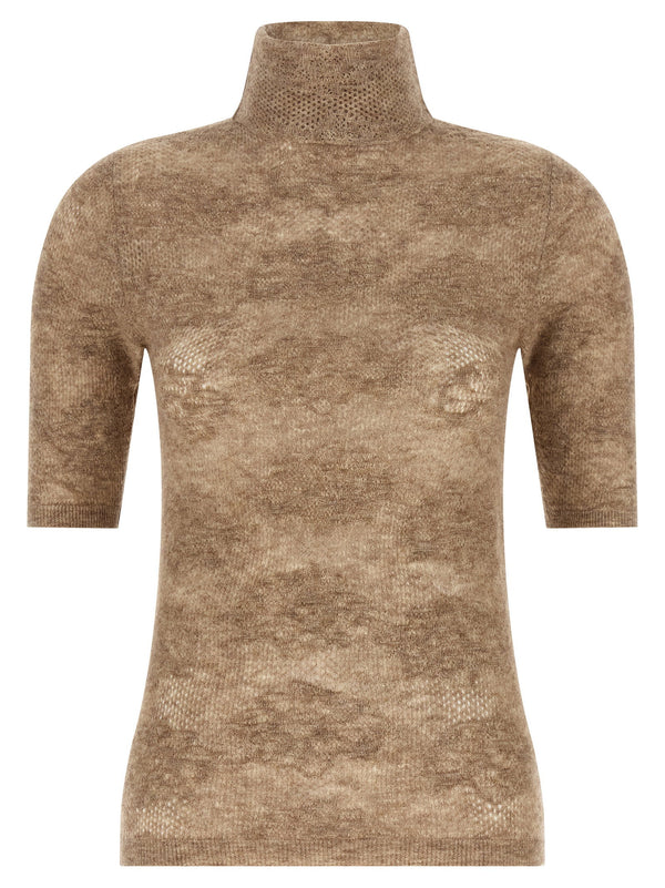Brunello Cucinelli Turtle Neck Openwork Silk Wool Alpaca Knit For Women Luxury Office Wear Slim Fit