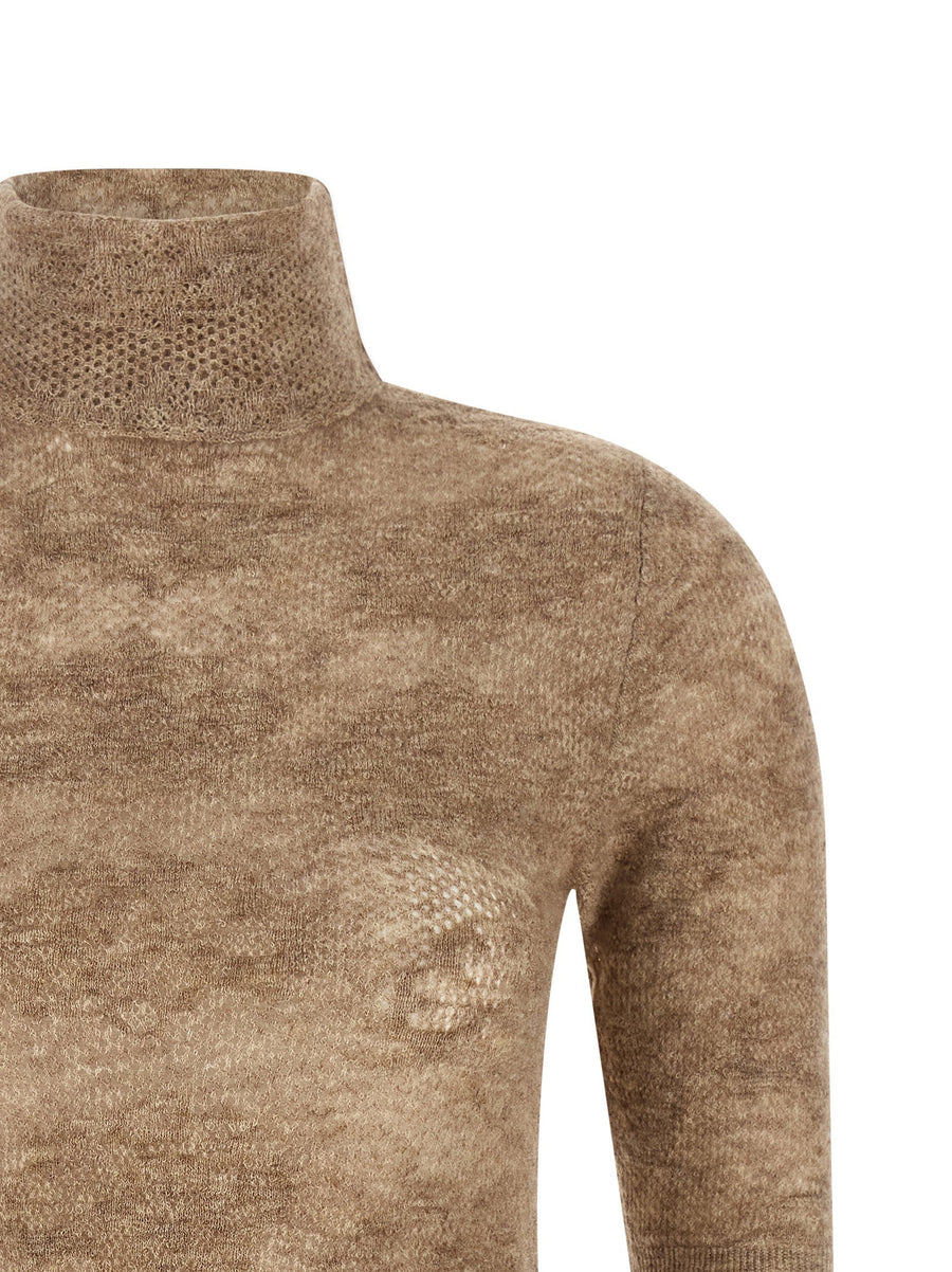 Brunello Cucinelli Turtle Neck Openwork Silk Wool Alpaca Knit For Women Luxury Office Wear Slim Fit