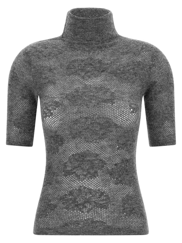 Brunello Cucinelli Openwork Silk Wool Alpaca Blend Turtle Neck Sweater For Women Slim Fit Luxury