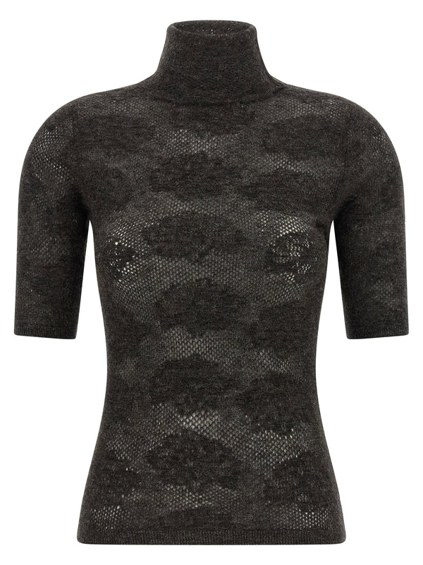 Brunello Cucinelli Women's Openwork Silk Wool Alpaca Luxurious Turtleneck Sweater Slim Fit