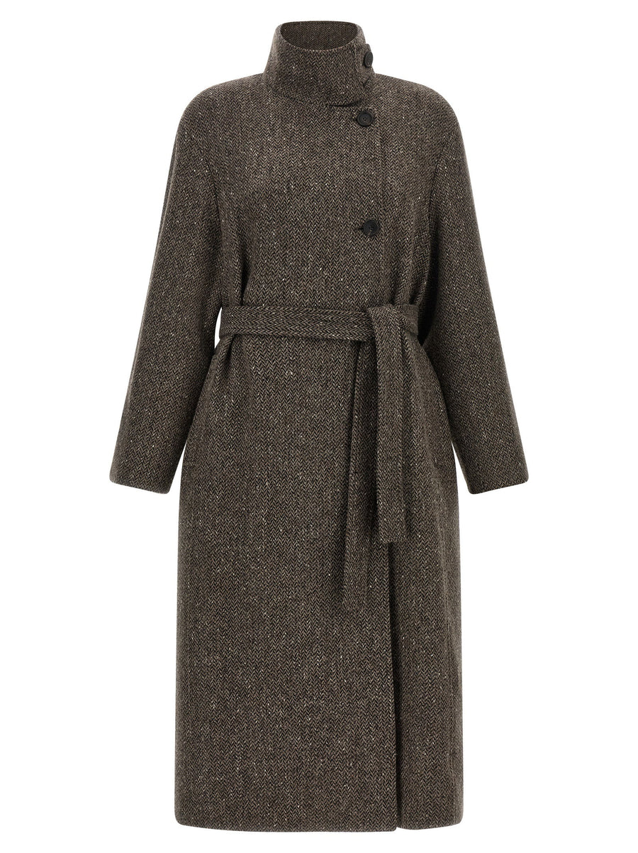 Brunello Cucinelli Sparkling Brown Wool Coat With Lame Chevron Pattern