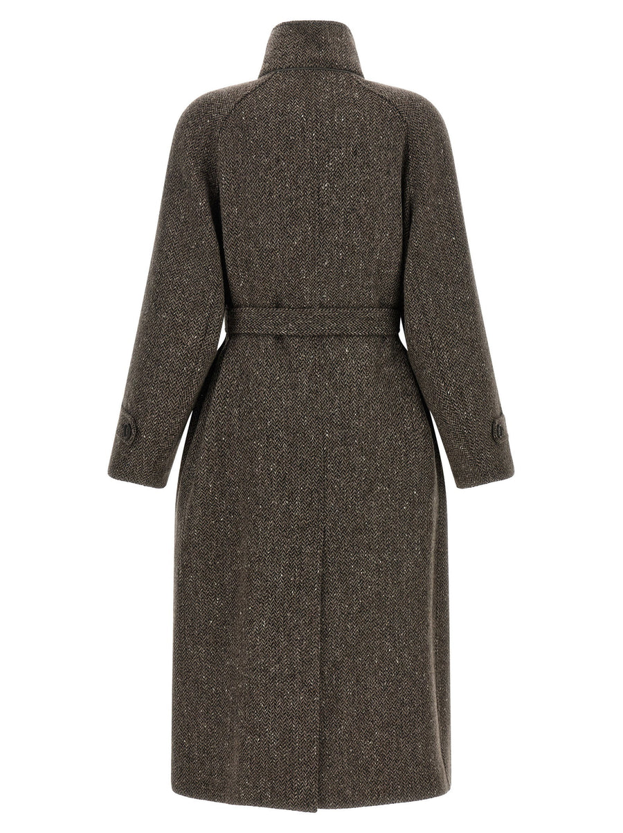Brunello Cucinelli Sparkling Brown Wool Coat With Lame Chevron Pattern