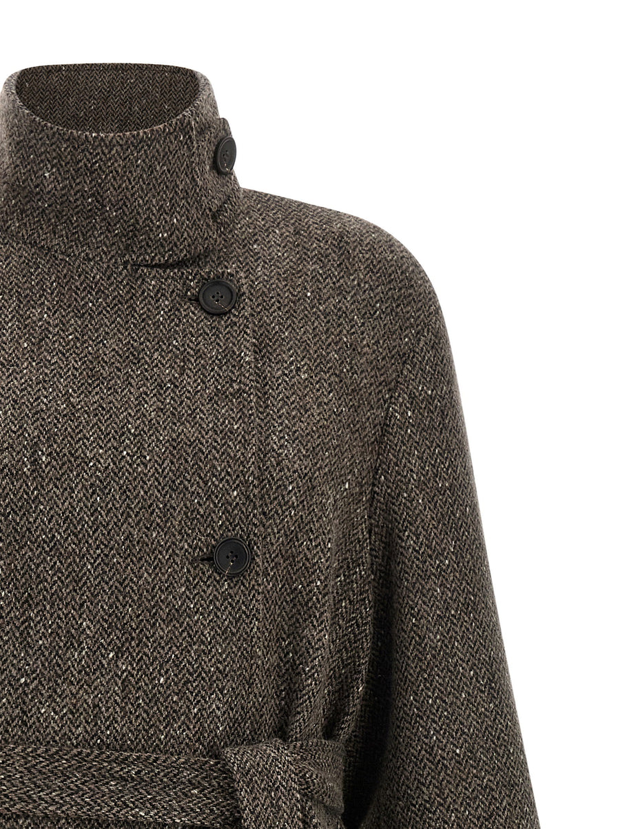 Brunello Cucinelli Sparkling Brown Wool Coat With Lame Chevron Pattern