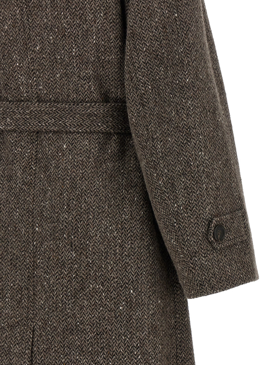 Brunello Cucinelli Sparkling Brown Wool Coat With Lame Chevron Pattern