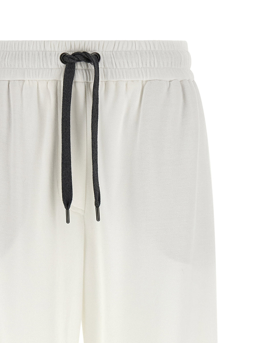 Brunello Cucinelli White Cotton Pique Track Pants For Women