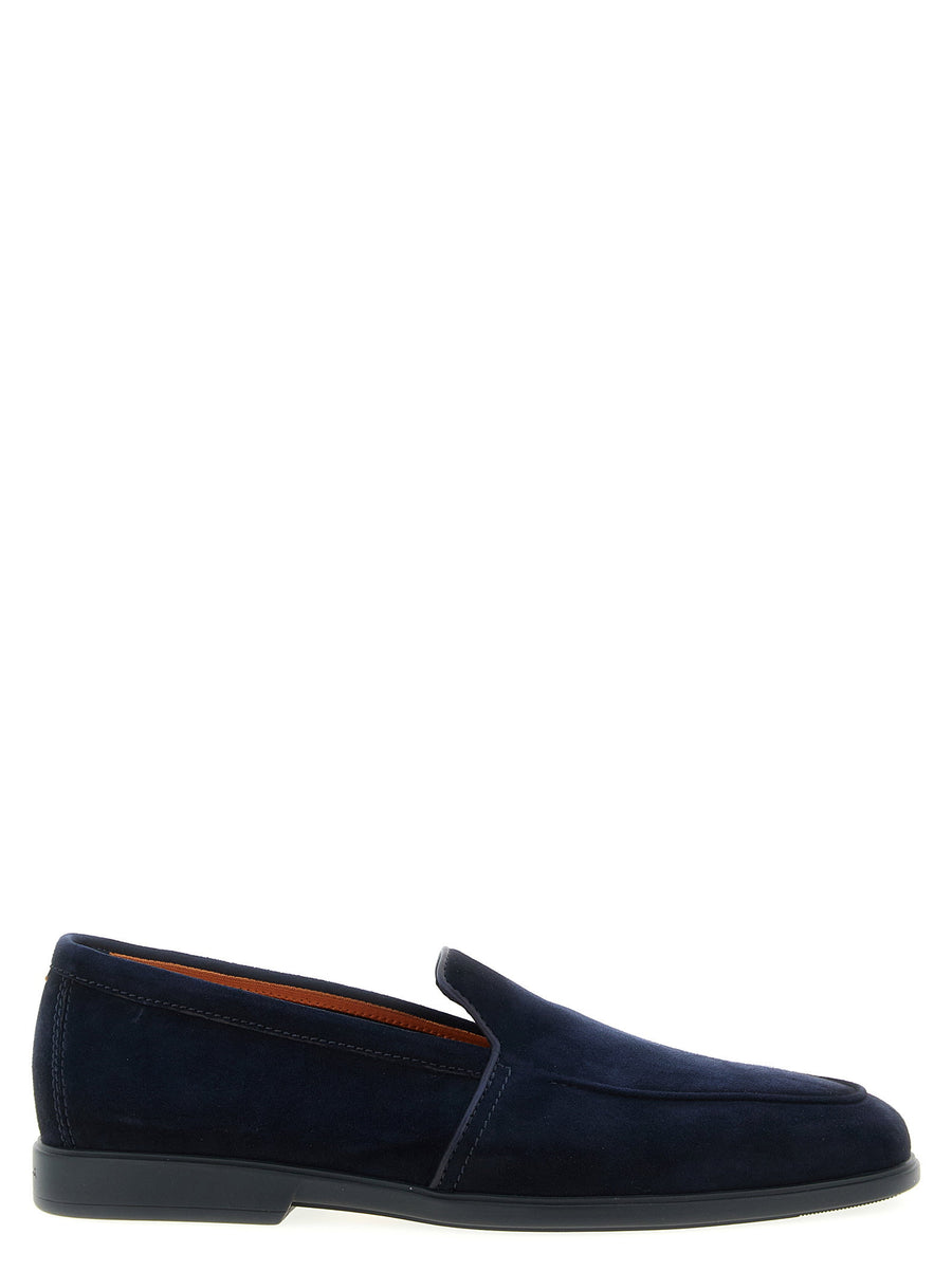 Santoni Malibù Loafers Blue Suede Moccasins With Leather Inserts Hand Stitch Leather Sole For Men Luxury