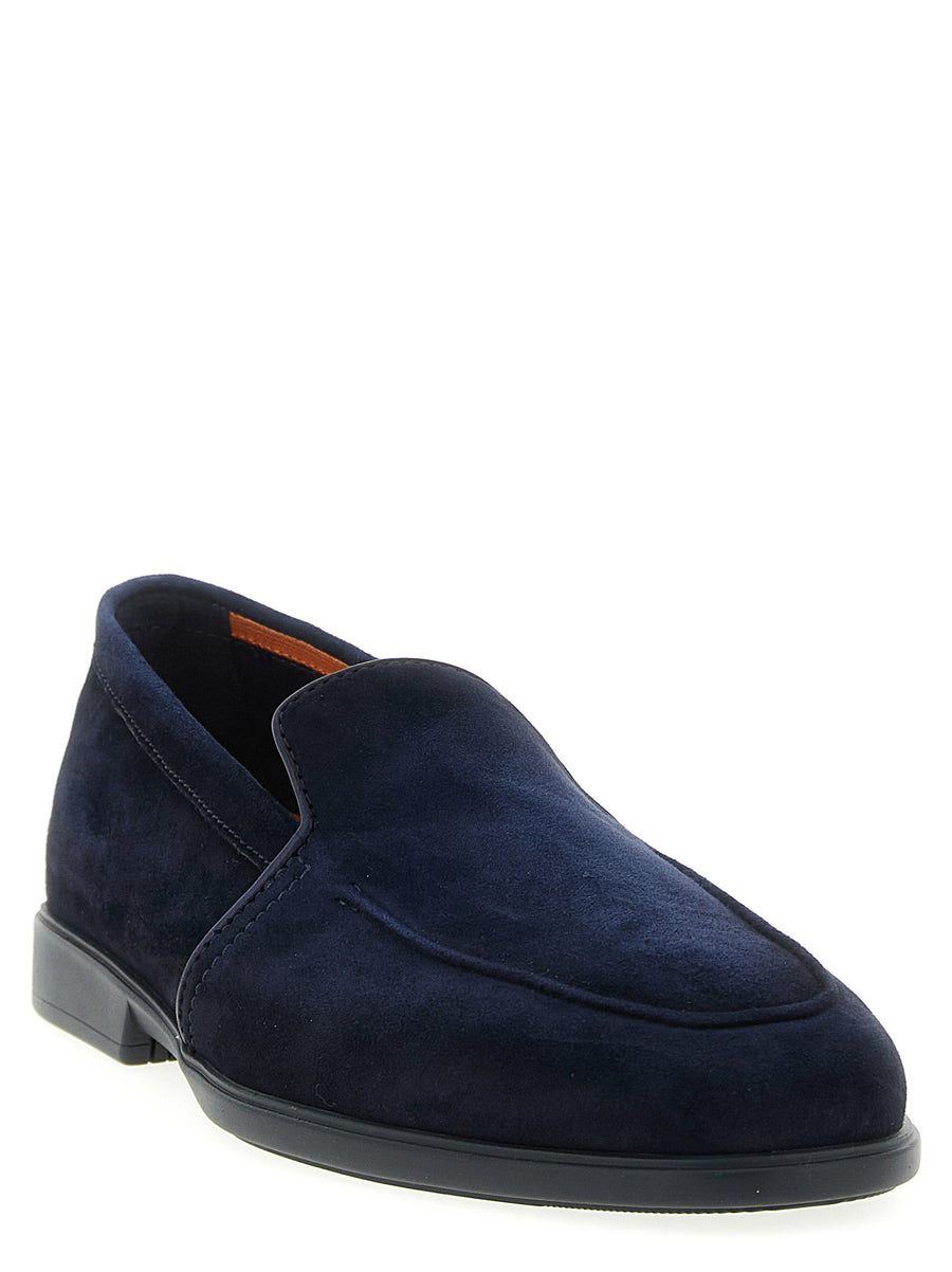 Santoni Malibù Loafers Blue Suede Moccasins With Leather Inserts Hand Stitch Leather Sole For Men Luxury